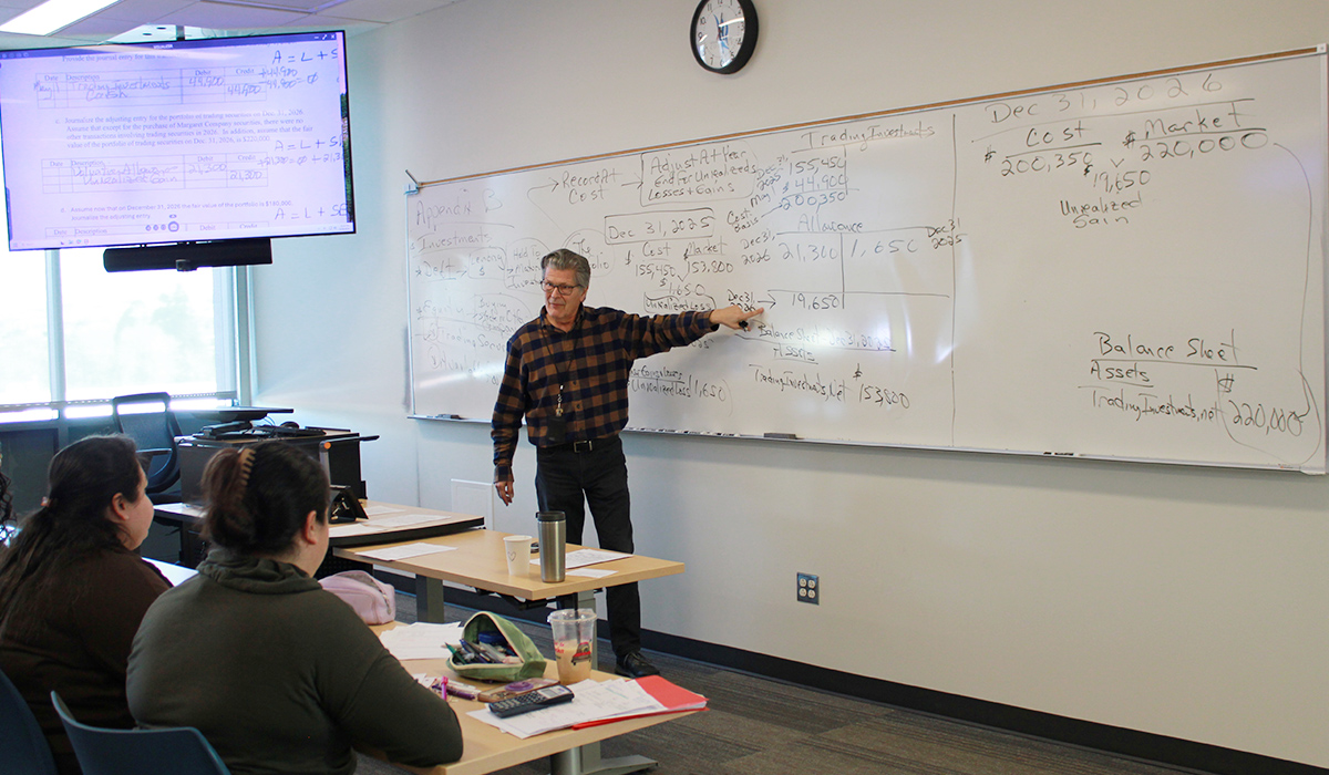 Accounting Professor Mike Choman stands in front of a whiteboard explaining numbers on the board.