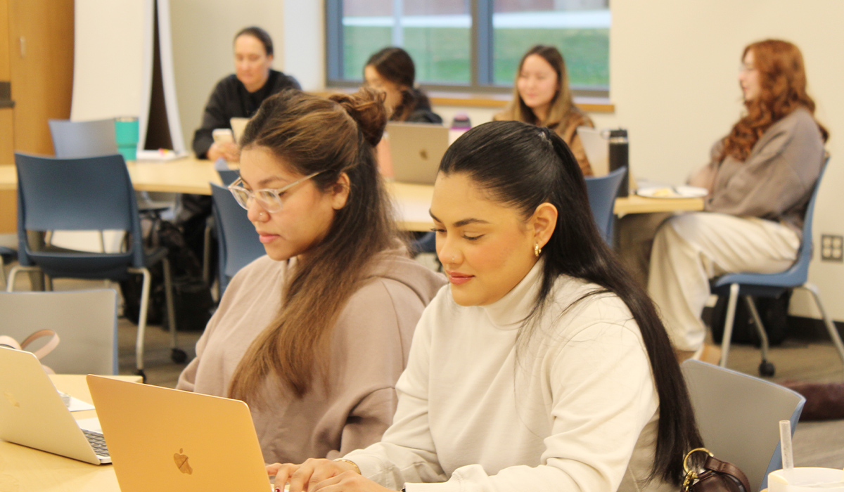 Two RN to BSN students work on their laptops in a classroom.