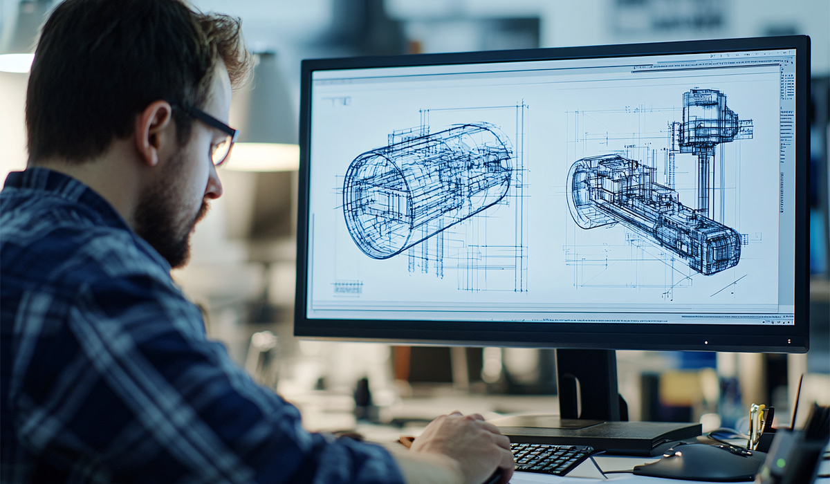 A designer sits at a computer working on a design.